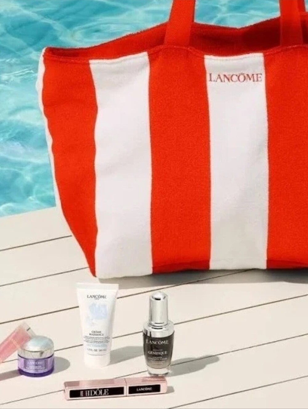Lancome Paris Red White Striped Terry Cloth Beach Tote Bag (No Product)